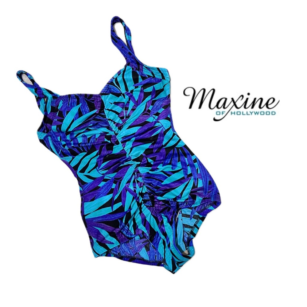 Vintage Maxine of Hollywood Hawaiian Blues & Purple One-Piece Swimsuit. Sz. 14